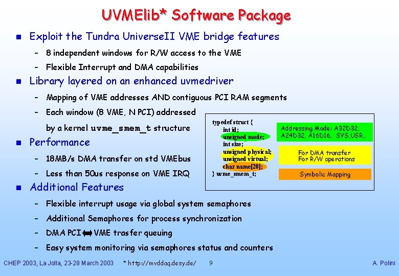 UVMElib* Software Package n Exploit the Tundra Universe. II VME bridge features – 8