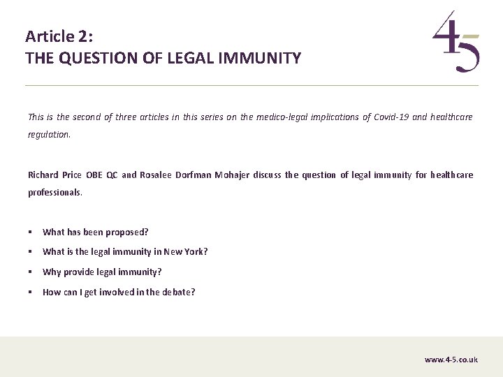 Article 2: THE QUESTION OF LEGAL IMMUNITY This is the second of three articles
