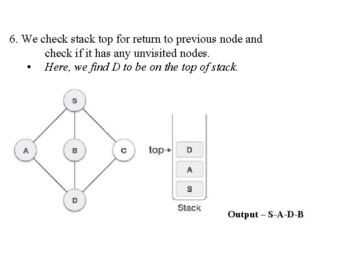 6. We check stack top for return to previous node and check if it