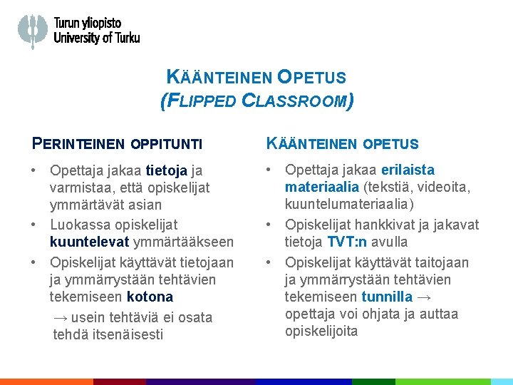 KÄÄNTEINEN OPETUS (FLIPPED CLASSROOM) PERINTEINEN OPPITUNTI KÄÄNTEINEN OPETUS • Opettaja jakaa tietoja ja varmistaa,