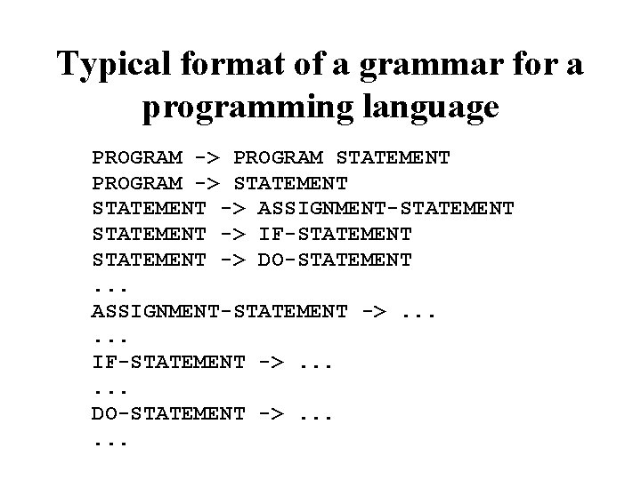 Typical format of a grammar for a programming language PROGRAM -> PROGRAM STATEMENT PROGRAM