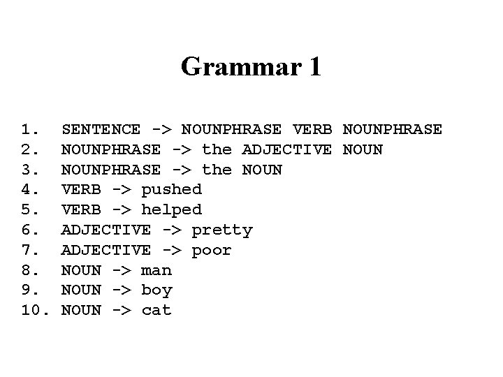 Grammar 1 1. 2. 3. 4. 5. 6. 7. 8. 9. 10. SENTENCE ->