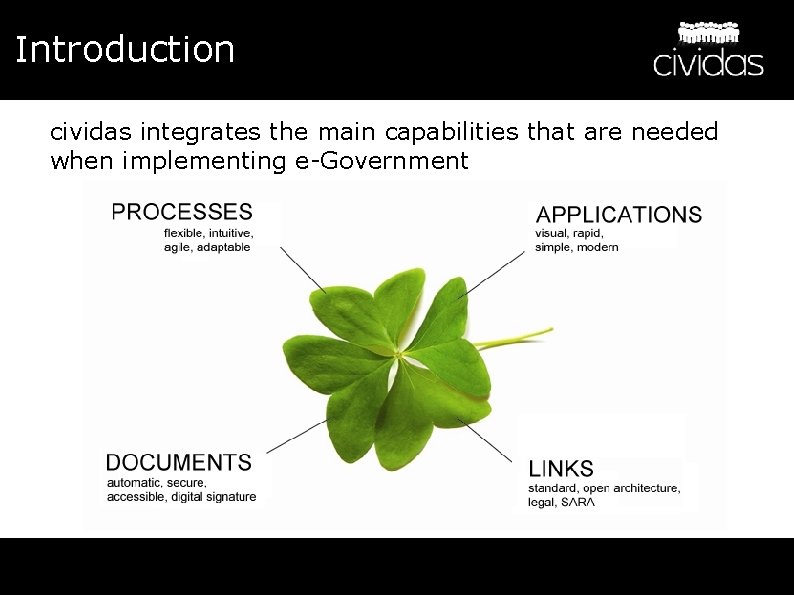 Introduction cividas integrates the main capabilities that are needed when implementing e-Government E-Government made