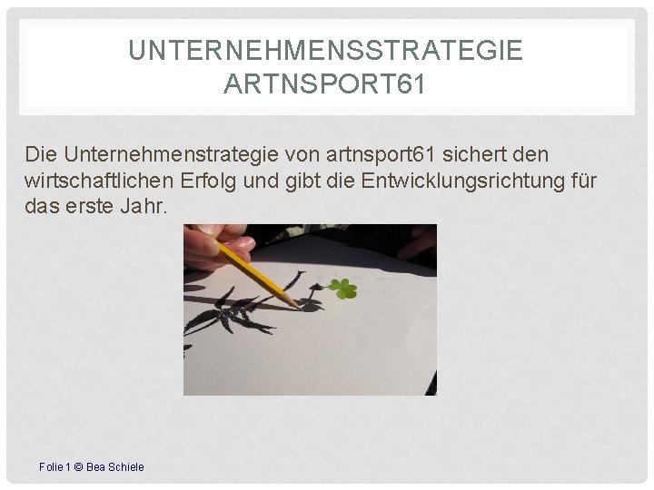 UNTERNEHMENSSTRATEGIE ARTNSPORT 61 Die Unternehmenstrategie von artnsport 61 sichert den wirtschaftlichen Erfolg und gibt