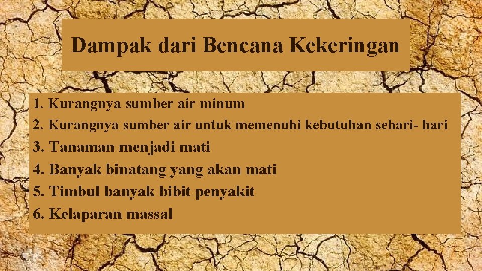 Dampak dari Bencana Kekeringan 1. Kurangnya sumber air minum 2. Kurangnya sumber air untuk