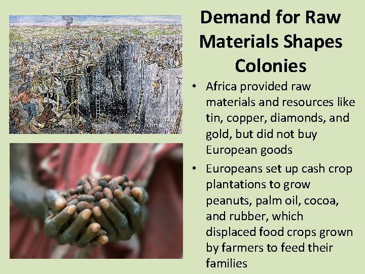Demand for Raw Materials Shapes Colonies • Africa provided raw materials and resources like