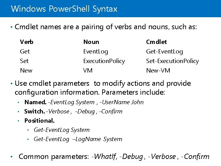 Windows Power. Shell Syntax • Cmdlet names are a pairing of verbs and nouns,