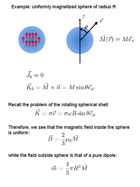 Example: uniformly magnetized sphere of radius R Recall the problem of the rotating spherical