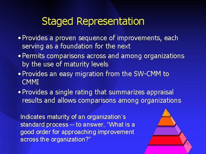 Staged Representation • Provides a proven sequence of improvements, each serving as a foundation