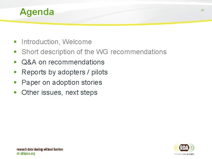 Agenda § § § Introduction, Welcome Short description of the WG recommendations Q&A on