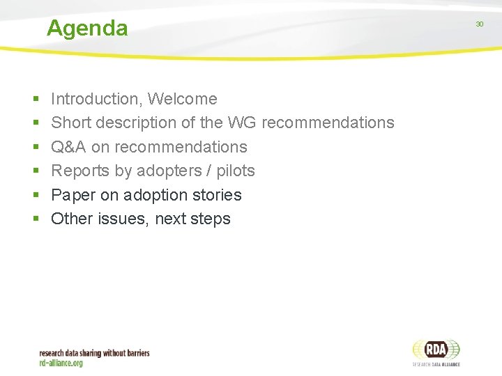Agenda § § § Introduction, Welcome Short description of the WG recommendations Q&A on
