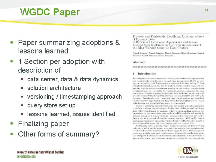 WGDC Paper § Paper summarizing adoptions & lessons learned § 1 Section per adoption