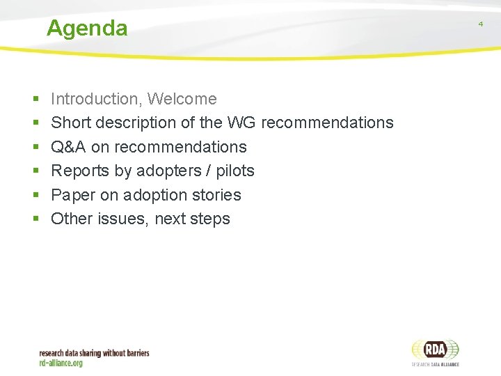 Agenda § § § Introduction, Welcome Short description of the WG recommendations Q&A on