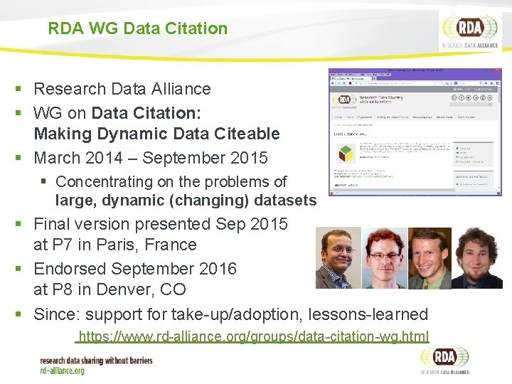 RDA WG Data Citation § Research Data Alliance § WG on Data Citation: Making