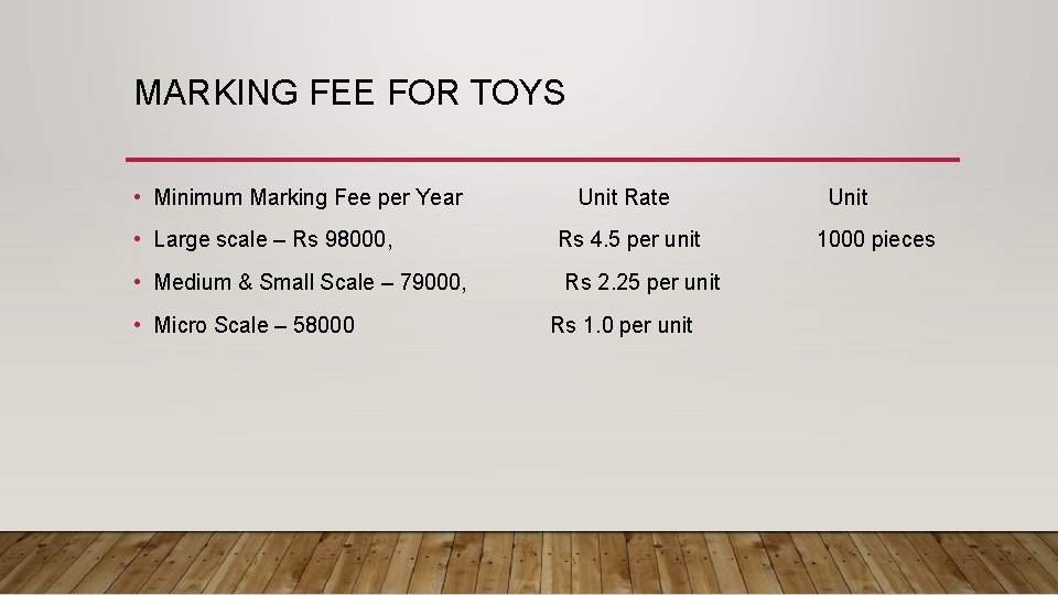 MARKING FEE FOR TOYS • Minimum Marking Fee per Year • Large scale –