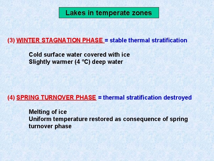 Lakes in temperate zones (3) WINTER STAGNATION PHASE = stable thermal stratification Cold surface