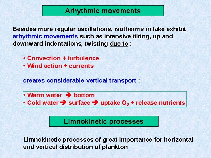 Arhythmic movements Besides more regular oscillations, isotherms in lake exhibit arhythmic movements such as