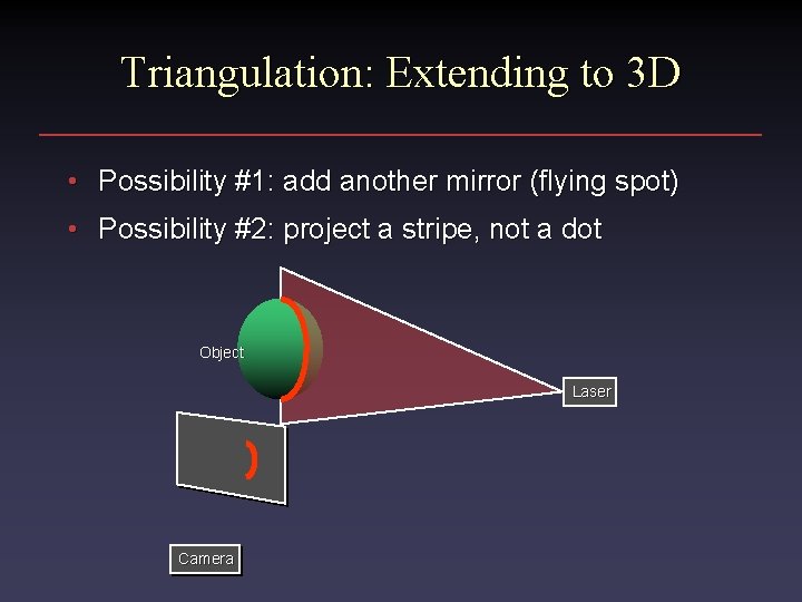 Triangulation: Extending to 3 D • Possibility #1: add another mirror (flying spot) •