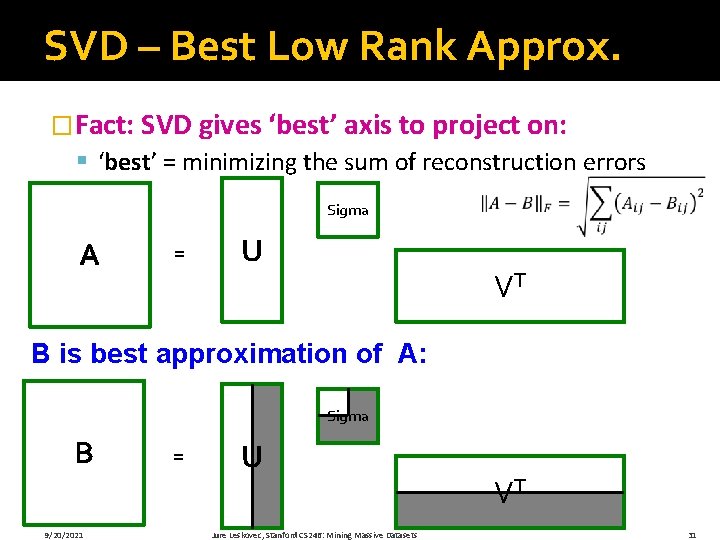 SVD – Best Low Rank Approx. �Fact: SVD gives ‘best’ axis to project on: