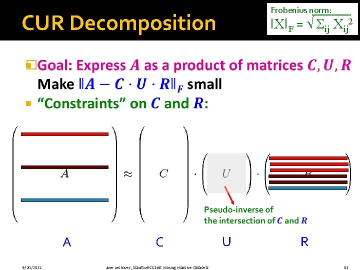 Frobenius norm: CUR Decomposition ǁXǁF = Σij Xij 2 � A 9/20/2021 C Jure