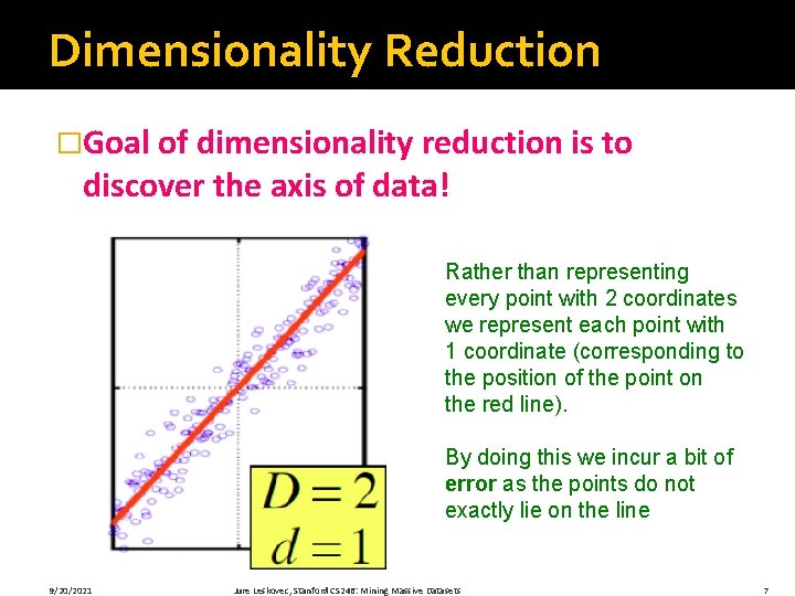 Dimensionality Reduction �Goal of dimensionality reduction is to discover the axis of data! Rather