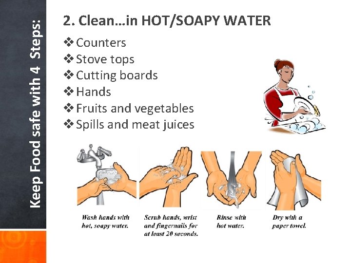 Keep Food safe with 4 Steps: 2. Clean…in HOT/SOAPY WATER v Counters v Stove