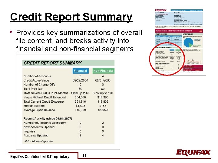Credit Report Summary • Provides key summarizations of overall file content, and breaks activity