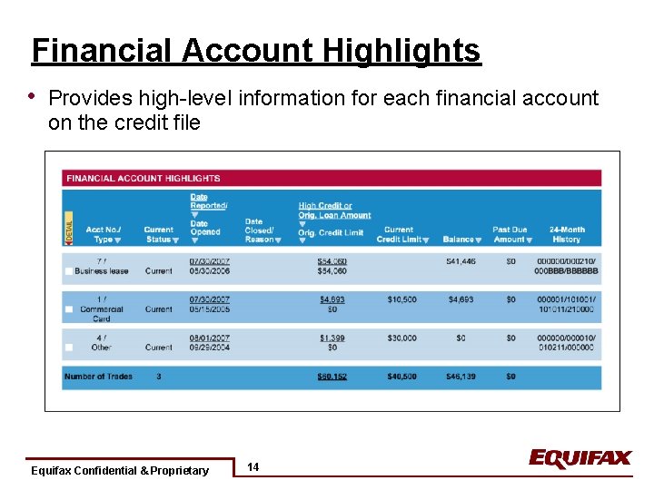 Financial Account Highlights • Provides high-level information for each financial account on the credit