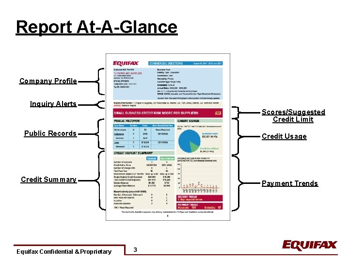 Report At-A-Glance Company Profile Inquiry Alerts Scores/Suggested Credit Limit Public Records Credit Usage Credit