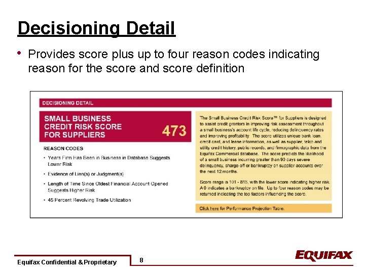 Decisioning Detail • Provides score plus up to four reason codes indicating reason for