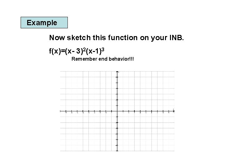 Example Now sketch this function on your INB. f(x)=(x- 3)2(x-1)3 Remember end behavior!!! 