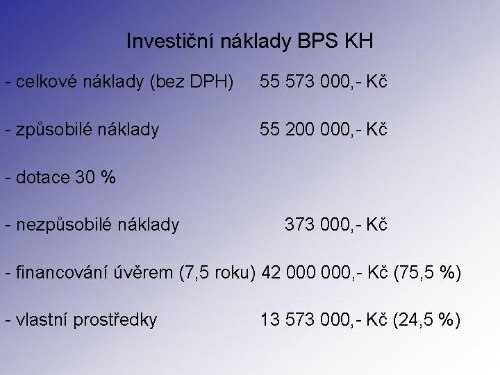 Investiční náklady BPS KH - celkové náklady (bez DPH) 55 573 000, - Kč