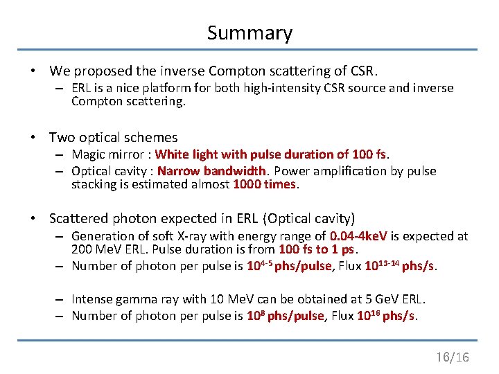 Summary • We proposed the inverse Compton scattering of CSR. – ERL is a