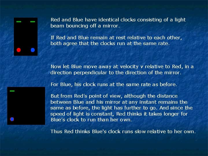 Red and Blue have identical clocks consisting of a light beam bouncing off a