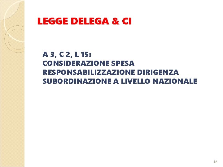 LEGGE DELEGA & CI A 3, C 2, L 15: CONSIDERAZIONE SPESA RESPONSABILIZZAZIONE DIRIGENZA