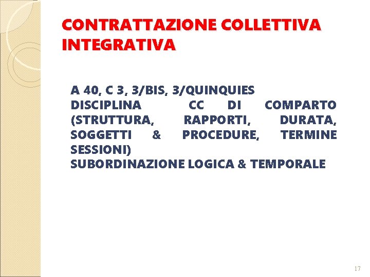 CONTRATTAZIONE COLLETTIVA INTEGRATIVA A 40, C 3, 3/BIS, 3/QUINQUIES DISCIPLINA CC DI COMPARTO (STRUTTURA,