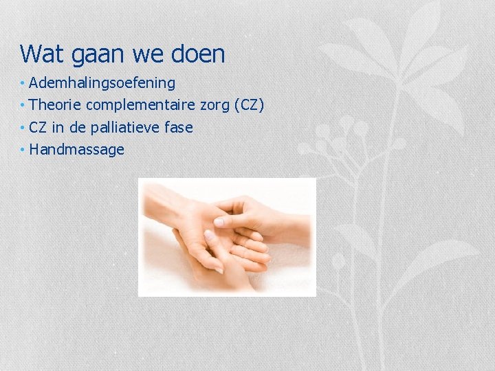 Wat gaan we doen • Ademhalingsoefening • Theorie complementaire zorg (CZ) • CZ in