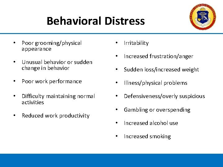 Behavioral Distress • Poor grooming/physical appearance • Unusual behavior or sudden change in behavior