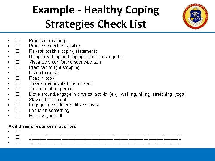 Example - Healthy Coping Strategies Check List • • • • ☐ ☐ ☐