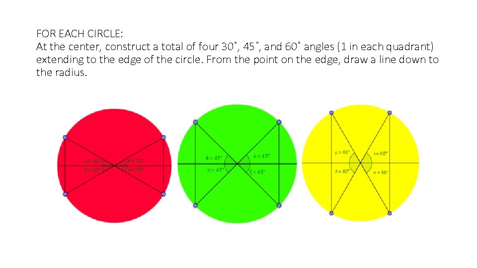 FOR EACH CIRCLE: At the center, construct a total of four 30˚, 45˚, and