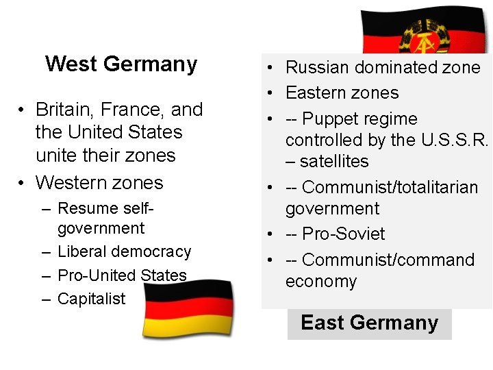 West Germany • Britain, France, and the United States unite their zones • Western