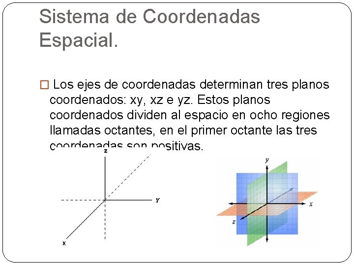 Sistema de Coordenadas Espacial. � Los ejes de coordenadas determinan tres planos coordenados: xy,