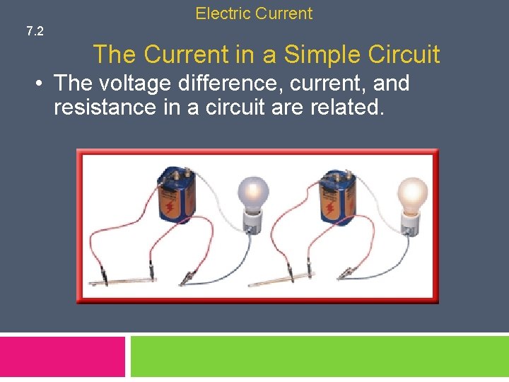 Electric Current 7. 2 The Current in a Simple Circuit • The voltage difference,