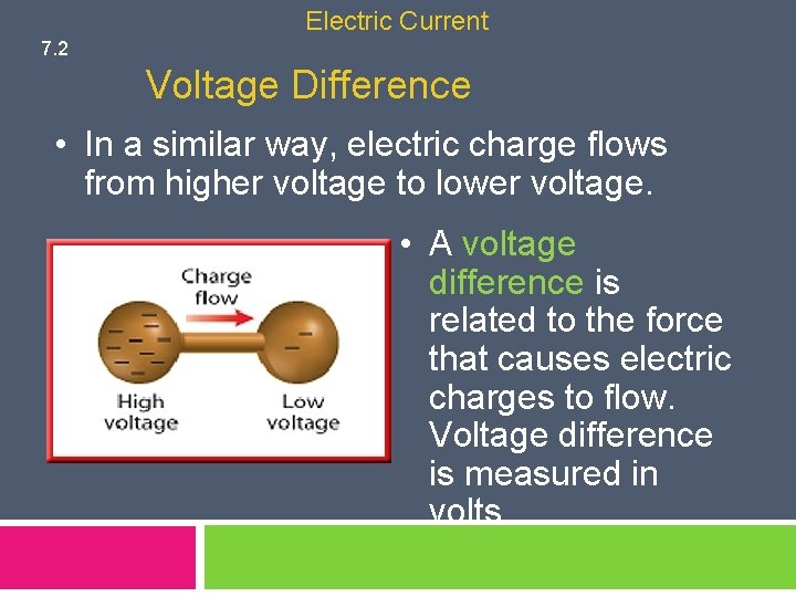 Electric Current 7. 2 Voltage Difference • In a similar way, electric charge flows