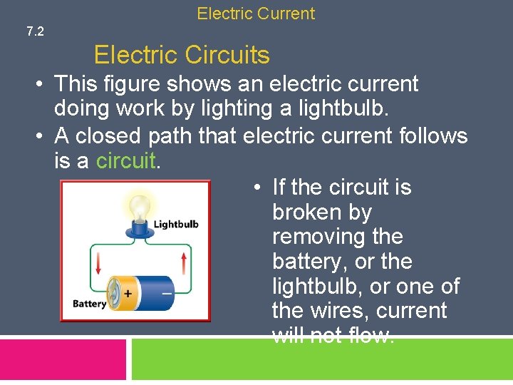 Electric Current 7. 2 Electric Circuits • This figure shows an electric current doing