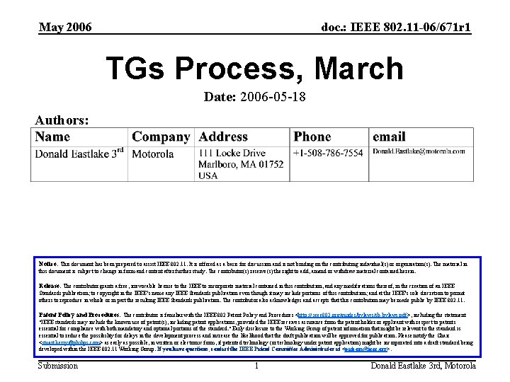 May 2006 doc. : IEEE 802. 11 -06/671 r 1 TGs Process, March Date: