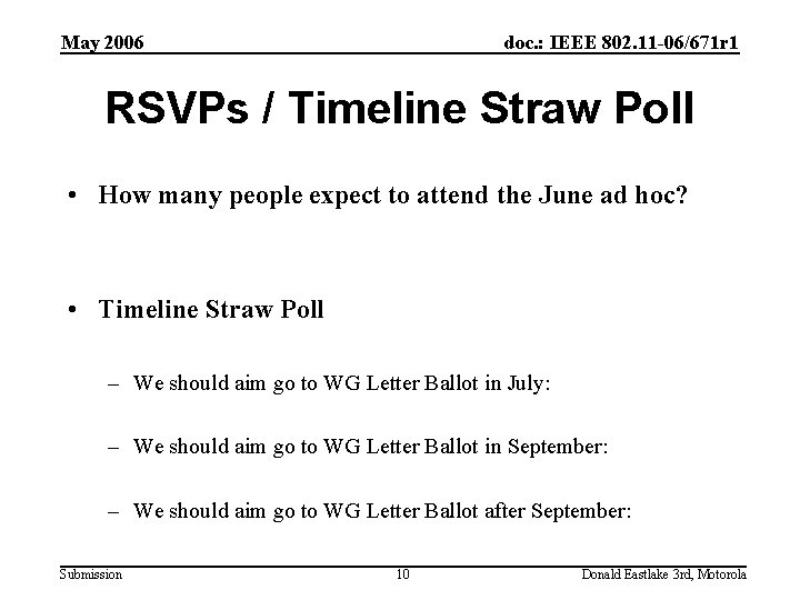 May 2006 doc. : IEEE 802. 11 -06/671 r 1 RSVPs / Timeline Straw