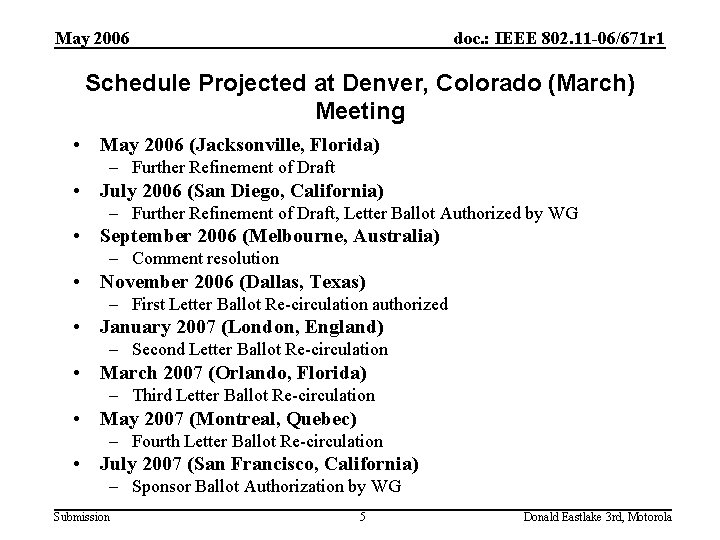 May 2006 doc. : IEEE 802. 11 -06/671 r 1 Schedule Projected at Denver,