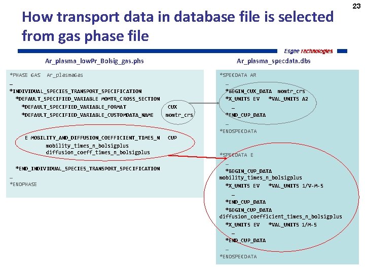 How transport data in database file is selected from gas phase file Ar_plasma_low. Pr_Bolsig_gas.