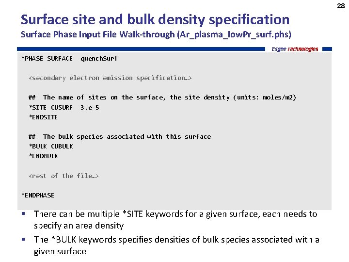 Surface site and bulk density specification Surface Phase Input File Walk-through (Ar_plasma_low. Pr_surf. phs)